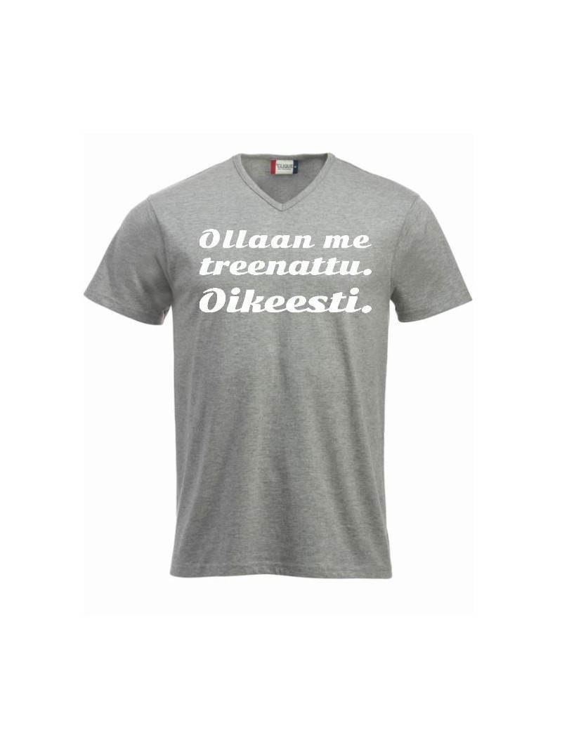 V-aukkoinen T-paita "OLLAAN ME TREENATTU"