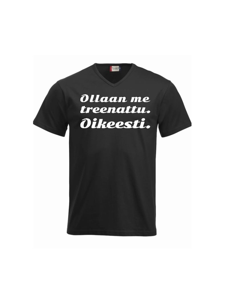 V-aukkoinen T-paita "OLLAAN ME TREENATTU"