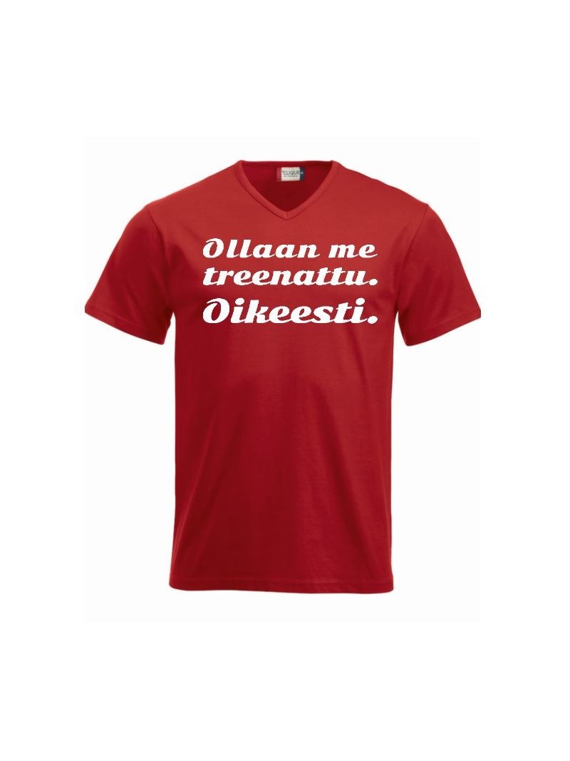 V-aukkoinen T-paita "OLLAAN ME TREENATTU"