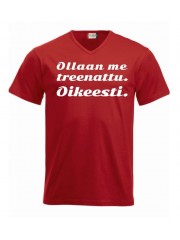 V-aukkoinen T-paita "OLLAAN ME TREENATTU"